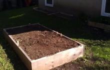 A 7 foot by 5 foot raised garden and a narrow garden bed along the back of the building where it receives sun for the majority of the day.