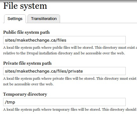 A screenshot of Drupal 7's file system config page