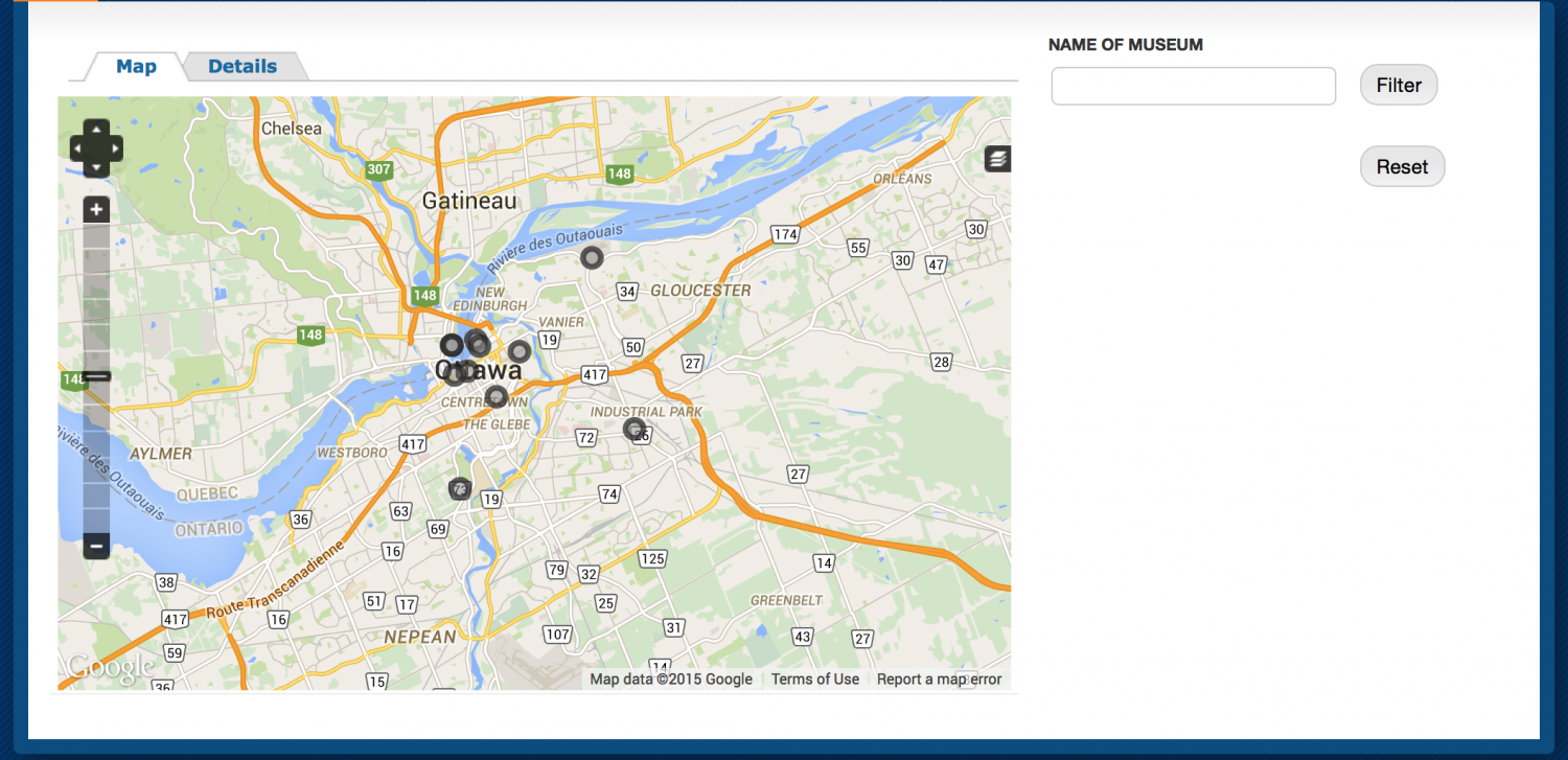 Screenshot of a Map of Ottawa with Museums locations
