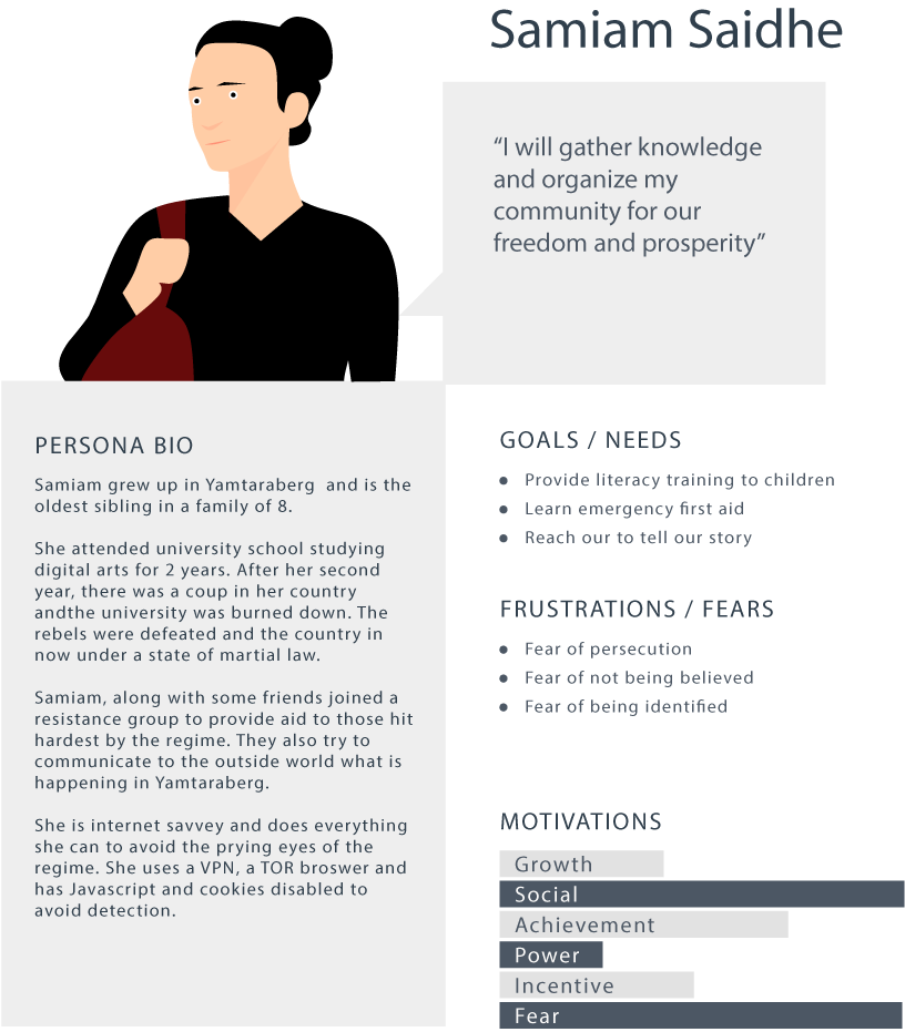 sample of a user persona part 1. The description states this user does not use Javascript, and uses a VPN to maintain privacy